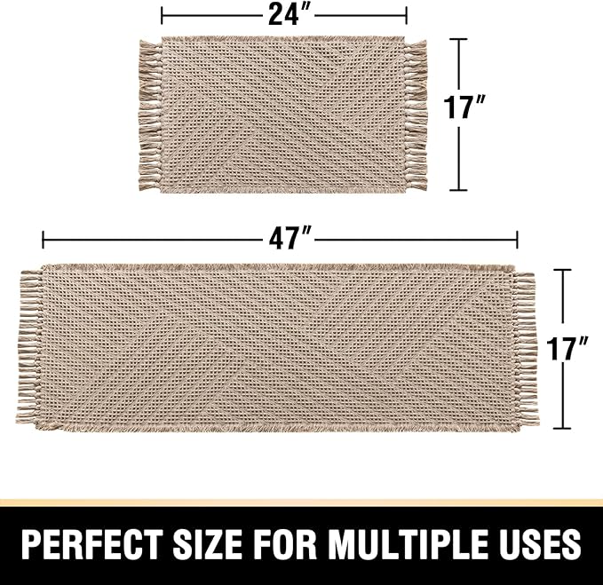 H.VERSAILTEX Waffle Bath Mat Super Absorbent Boho Bath Mat Non Slip Bath Rugs for Bathroom Floor Machine Washable Dry Fast Bathroom Rugs with Tassels (47 x 17 Plus 17 x 24 Inches, Irish Cream)