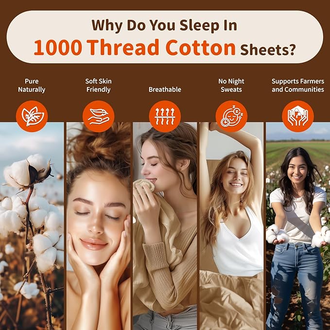 LBRO2M 1000 Thread Count 100% Egyptian Cotton Sheets Set Queen Size, 4 Piece Sets Bed Sheet Deep Pocket Sheet Set 16" Soft Comfortable All Season (Queen, Cream) LBRO2MBedding