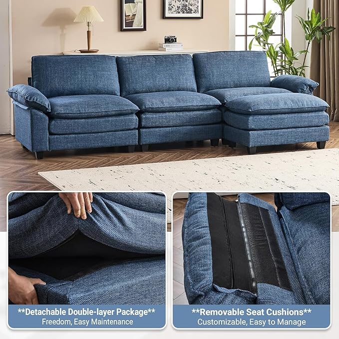 VINGLI 121" Cloud Linen Couch, Comfy Modular Sectional Sofa Set for Living Room,Modern 3-Seat Convertible Loveseat Sofa with 1 Ottoman for Small Space, Blue