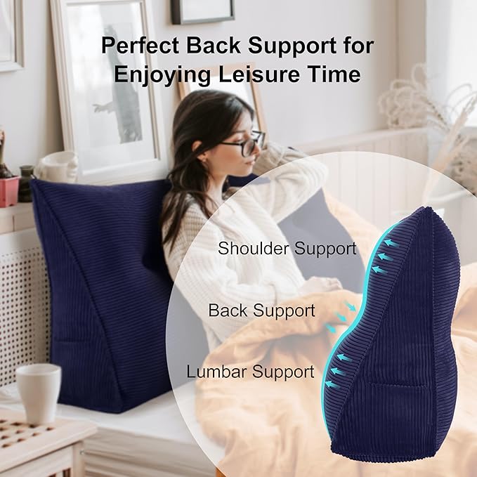 WOWMAX Headboard Wedge Pillow King Triangular Headboard Pillow Bed Wedge Pillow for Headboard Bolster Pillow for Bed Wedge Pillow Headboard Daybed Pillows, Corduroy(100% Cotton), Deep Blue