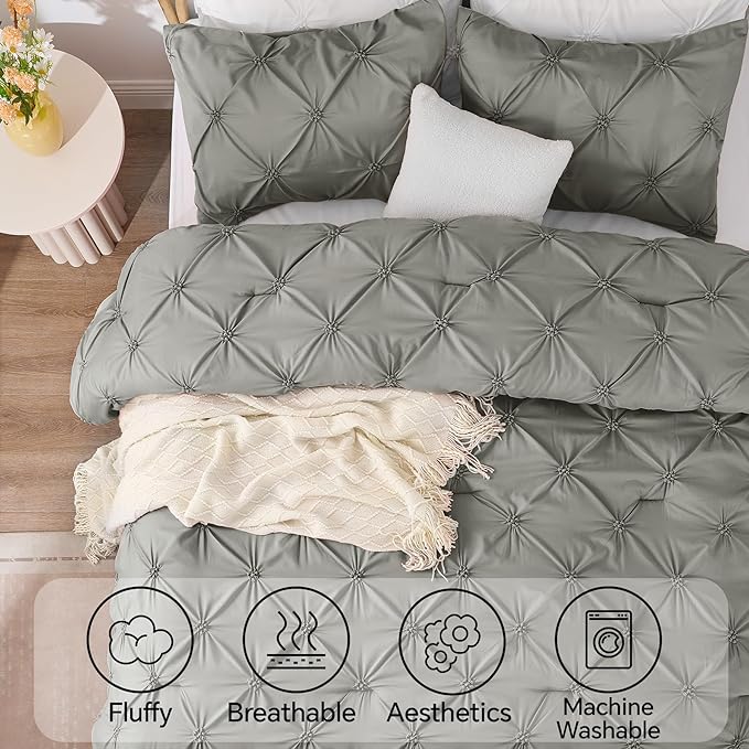 BEDELITE Grey Queen Comforter Set - 3 Pieces Boho Pintuck Bedding Comforter Sets, Lightweight Soft & Warm Bed Comforter Queen with 2 Pillowcases for All Season