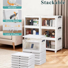 OlarHike 23QT Stackable Storage Bins with Lids - Folding Storage Box with Doors and Wheels, Collapsible Plastic Storage Drawers for Closets, 6 Pack Cubes