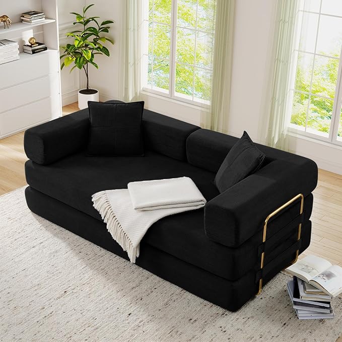 Antetek Convertible Futon Sofa Bed, 3-Seater Modern Corduroy Foam Floor King Size Bed Fold Out Sleeper Lounge Loveseat Sofa Couch with 2 Throw Pillows for Living Room Bedroom Guest Room, Black