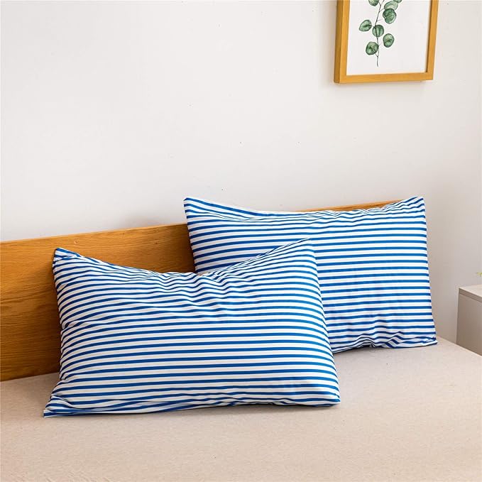 JELLYMONI 100% Natural Cotton 3pcs Striped Duvet Cover Sets,White Duvet Cover with Blue Stripes Pattern Printed Comforter Cover,with Zipper Closure & Corner Ties(Full Size)
