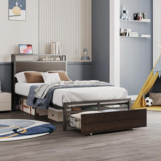 LIKIMIO Twin Bed Frames with Drawer, Storage Headboard with Outlets, No Box Spring Needed, Easy Assembly, Dark Brown