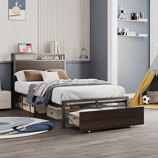 LIKIMIO Twin Bed Frames with Drawer, Storage Headboard with Outlets, No Box Spring Needed, Easy Assembly, Dark Brown