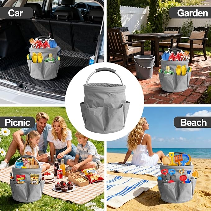 Bucket 17L Cleaning Organizer with Handle with 6 Pockets Foldable Storage Blue Portable Cleaning Bucket Bag Shower Box Home Garden Multifunctional Camping Storage Basket