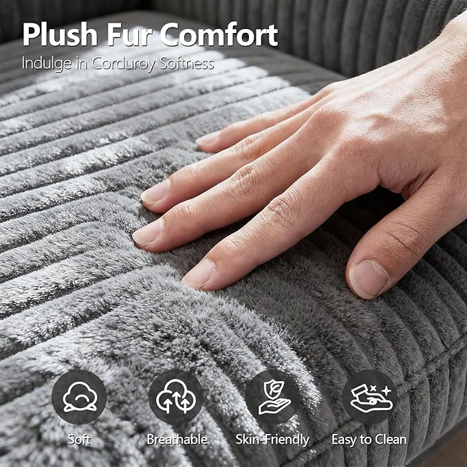 67" Oversized Chaise Lounge Chair Indoor, Soft Boneless Cloud Couch with 3 Pillows, 4 Side Pockets and 2 Cup Holders, Comfy Corduroy Sleeper Couch for Living Room Bedroom, Gray