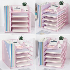 Desk Organizers and Accessories, 5-Tier Paper Letter Tray Organizer with File Holder, Desktop Organizer for Office Supplies (Pink)