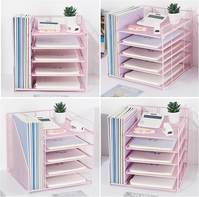 Desk Organizers and Accessories, 5-Tier Paper Letter Tray Organizer with File Holder, Desktop Organizer for Office Supplies (Pink)
