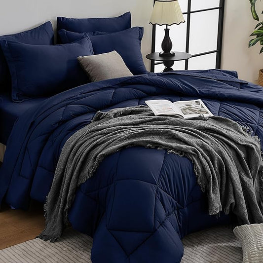 HEVUMYI Navy Blue Twin Comforter Set - 5-Piece All Season Bed in a Bag Twin, Ultra Soft Bedding Set with Comforter, Flat Sheet, Fitted Sheet, Pillowcases, Pillow Shams, Navy Blue
