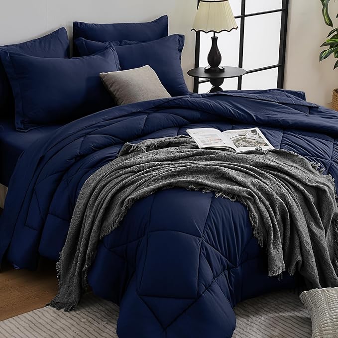HEVUMYI Navy Blue Twin-XL Comforter Set - 5-Piece All Season Bed in a Bag Twin-XL, Ultra Soft Bedding Set with Comforter, Flat Sheet, Fitted Sheet, Pillowcases, Pillow Shams, Navy Blue