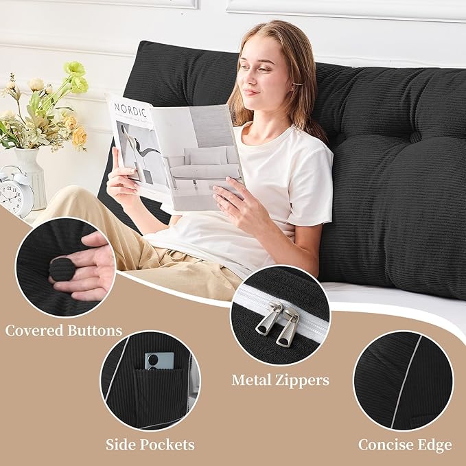 Sasttie Headboard Pillow King, Wedge Pillow Headboard for Sitting Up in Bed, Back-Rest Support Triangular Cushion for Reading - Features Removable Washable Cover, Black