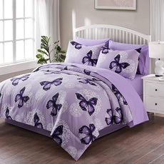 ARTALL Bed in A Bag Twin Size 6 Pieces, Purple Butterfly All Season Bedding Comforter Bed Set with Pillow Sham, Flat Sheet, Fitted Sheet, Bed Skirt, Pillowcase