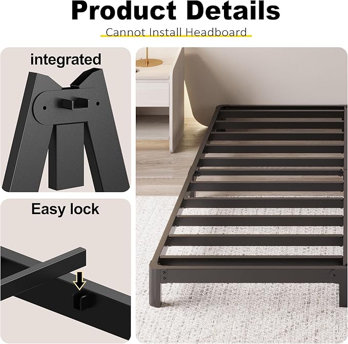 4 Inch Full Bed Frame Low Profile No Box Spring Needed, Heavy Duty Full Size Metal Platform Bed Frame with Rounded Corner Legs, Easy Assembly, Noise Free, Black