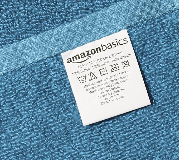 Amazon basics cotton washcloths, Lightweight quick-dry, 12" x 12", 12-pack, lake blue
