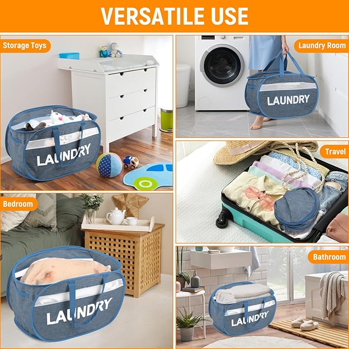 Collapsible Laundry Baskets, Foldable Laundry Basket with Dual Handles, Tear-proof Dirty Clothes Hampers for Laundry, Easy to Carry Pop Up Hamper for Bedroom, Bathroom, Dorm, Laundry Room Blue