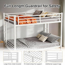 Queen Over Queen Bunk Bed, Metal Bunk Bed Frame Heavy Duty Bunk Beds Loft Bed Frame with Ladder and Guardrail Metal Slats No Box Spring Required for Adults Teens, White