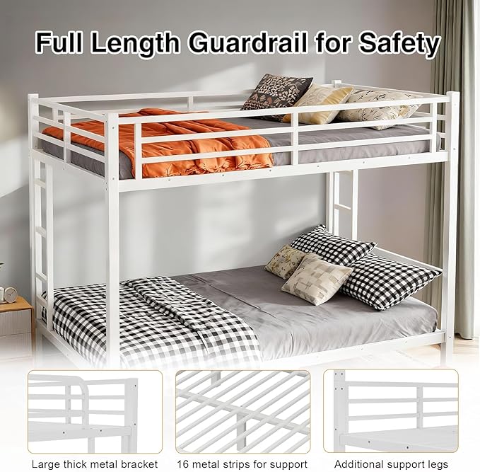Queen Over Queen Bunk Bed, Metal Bunk Bed Frame Heavy Duty Bunk Beds Loft Bed Frame with Ladder and Guardrail Metal Slats No Box Spring Required for Adults Teens, White