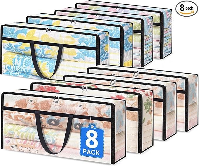 8 Pack Long Clear Storage Bags for Comforter, Clothes & Bedding, Plastic Blanket Storage with Zipper and Handle, Moving Bags, Closet Organizer and Under-Bed Storage (90L, 39.4"*7.1"*19.7")