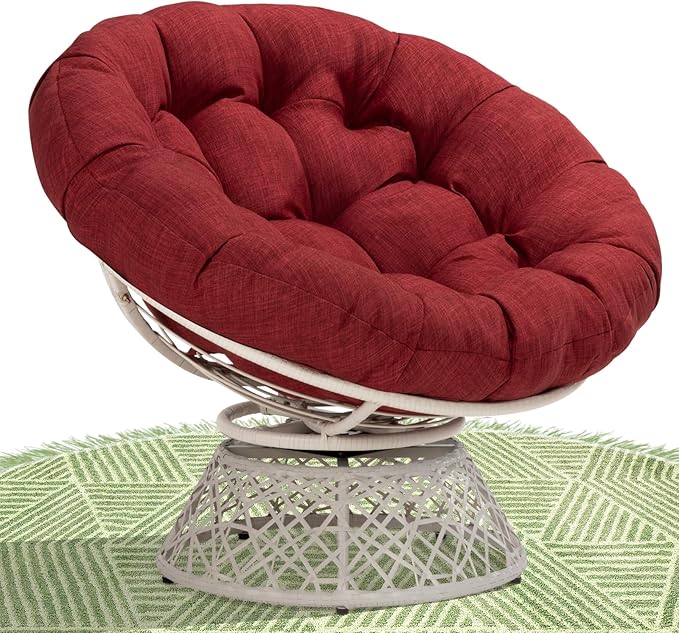 Bme 40" Ergonomic Wicker Papasan Chair with Soft Thick Density Fabric Cushion, High Capacity Steel Frame, 360 Degree Swivel for Living, Bedroom, Reading Room, Lounge, Cherry Sangria - White Base