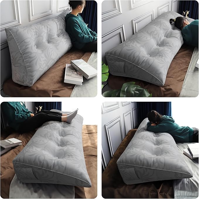 WOWMAX Headboard Pillow Triangular Bed Wedge Pillow for Headboard Wedge Pillow Headboard for Daybed Bunk Bed Large Silver Bolster Pillow for Bed, Jacquard Satin Fabric 100% Pure Cotton, Light Grey