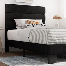 SHA CERLIN Twin Platform Bed Frame with Velvet Upholstered Headboard, Mattress Foundation with Strong Wooden Slats Support, No Box Spring Needed, Black