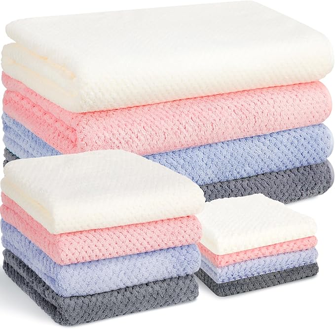 Preboun 12 Pcs Bath Towels and Washcloths 4 Sets Microfiber Bathroom Beach Pool Towel Set Quick Dry Coral Velvet Highly Absorbent for Fitness Sports Shower Travel Spa Hotel(Multicolor)