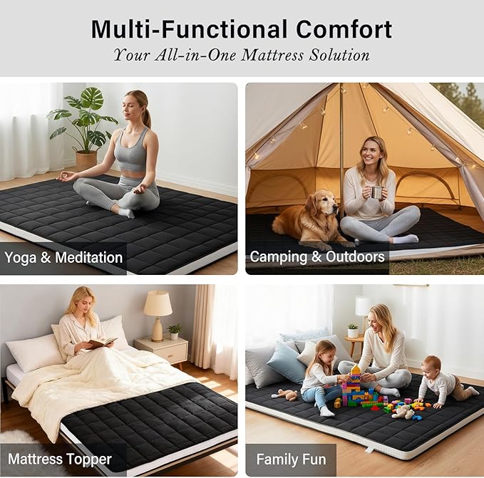 Tiita Japanese Floor Mattress, 4” Thicken Futon Mattress with Storage Bag and 2 Straps， Twin Size Sleeping Tatami Mat for Adults，Black