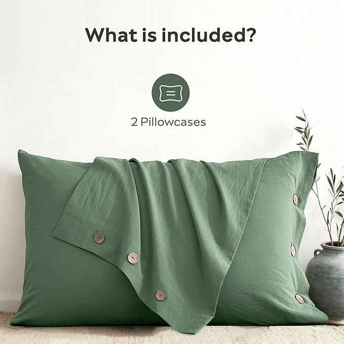JELLYMONI 100% Washed Cotton Standard Pillowcases Set, 2 Pack Linen-Like Texture Breathable Pillow Covers with Button Closure,Dusty Green Standard 20"×26"(Pillows are not Included)
