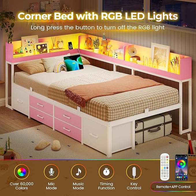 VIAGDO Corner Bed Frame with Storage Bookcase and 6 Drawers, Twin Metal Platform Corner Bed Frame with LED Lights and Charging Station, Twin Daybed for Kids Teenagers, Pink