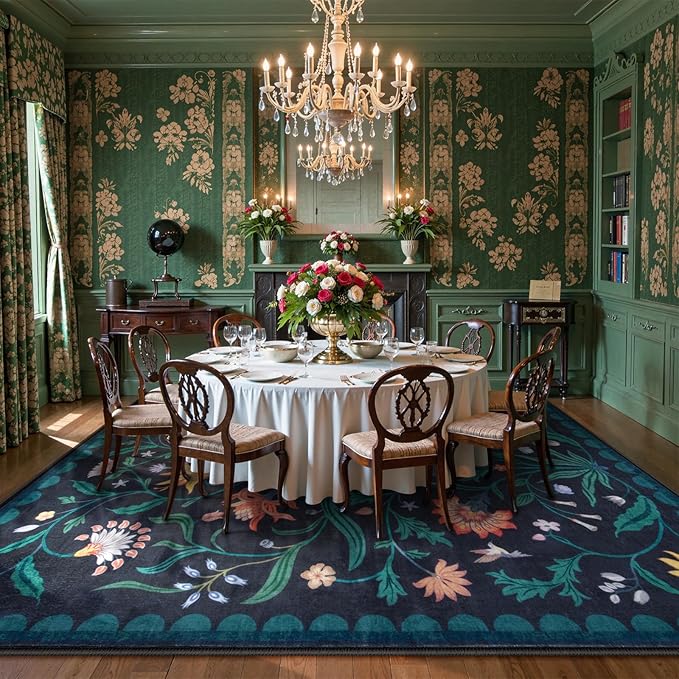 Lahome Boho Floral Washable Dark Blue 8x10 Area Rugs for Living Room, Non Slip Rugs for Bedroom, Ultra-Thin Indoor Throw Dining Room Carpet for Under Table Home Office Farmhouse(Dark Blue,8x10)