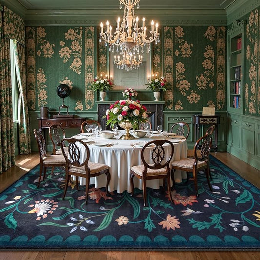Lahome Boho Floral Washable Dark Blue 8x10 Area Rugs for Living Room, Non Slip Rugs for Bedroom, Ultra-Thin Indoor Throw Dining Room Carpet for Under Table Home Office Farmhouse(Dark Blue,8x10)