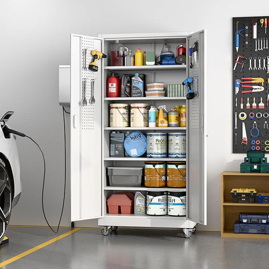 SUXXAN Metal Garage Storage Cabinet with Wheels and Pegboard 71'' x 34'' x 18'', Lockable Rolling Steel Cabinet with 5 Adjustable Shelves and Door for Garage, Office, Kitchen, Assembly Required