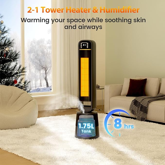 Auertech Space Heater with Humidifier, 2 in 1 Portable Electric Heater with 1.75L Water Tank, Oscillating Room Heaters with 12H Timer, 35.5" Tower Heaters for Indoor Use Large Room, Office, Bedroom