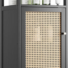 Bamboo Floor Rattan Cabinet, Small Bathroom Storage Organizer Rack with 1 Door and 1 Shelf, Space Saving Wood Kitchen Cupboard, Hallway Side Table, Living Room Freestanding Stand (Black)