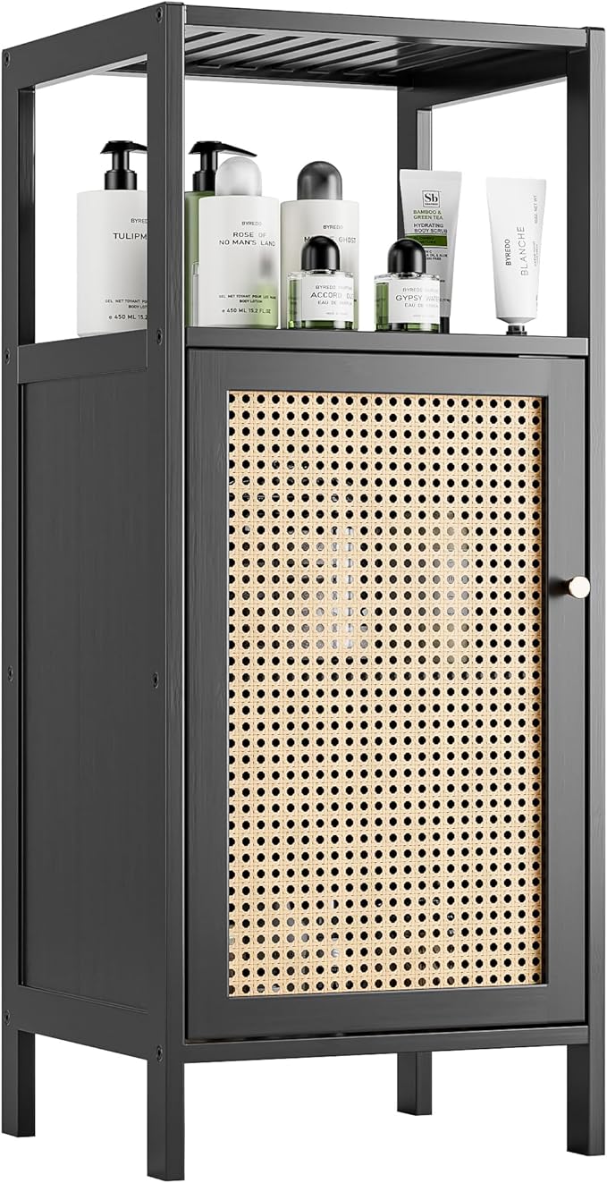 Bamboo Floor Rattan Cabinet, Small Bathroom Storage Organizer Rack with 1 Door and 1 Shelf, Space Saving Wood Kitchen Cupboard, Hallway Side Table, Living Room Freestanding Stand (Black)