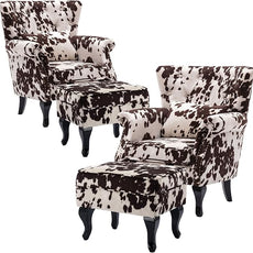 Set of 2 Mid-Century Modern Accent Chair with Ottomans, Velvet Armchair w/Tufted Back/Wood Legs, Upholstered Lounge Arm Chair Single Sofa for Living Room Bedroom, Cow Print