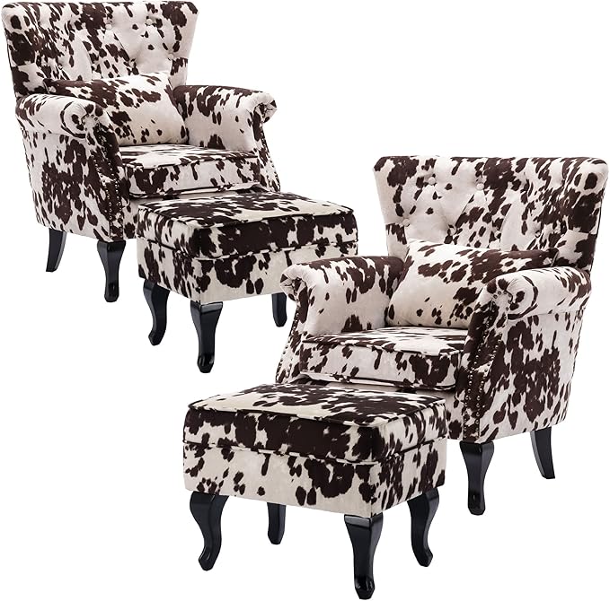 Set of 2 Mid-Century Modern Accent Chair with Ottomans, Velvet Armchair w/Tufted Back/Wood Legs, Upholstered Lounge Arm Chair Single Sofa for Living Room Bedroom, Cow Print