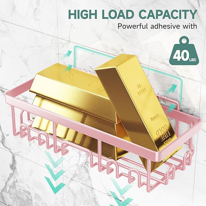 Veken Large Capacity Shower Caddy 6-Pack, No Drilling & Rustproof, Adhesive Shower Shelves with Soap Holder, Bathroom Organizers and Storage, Wall-Mounted Kitchen & Home Decor, Pink