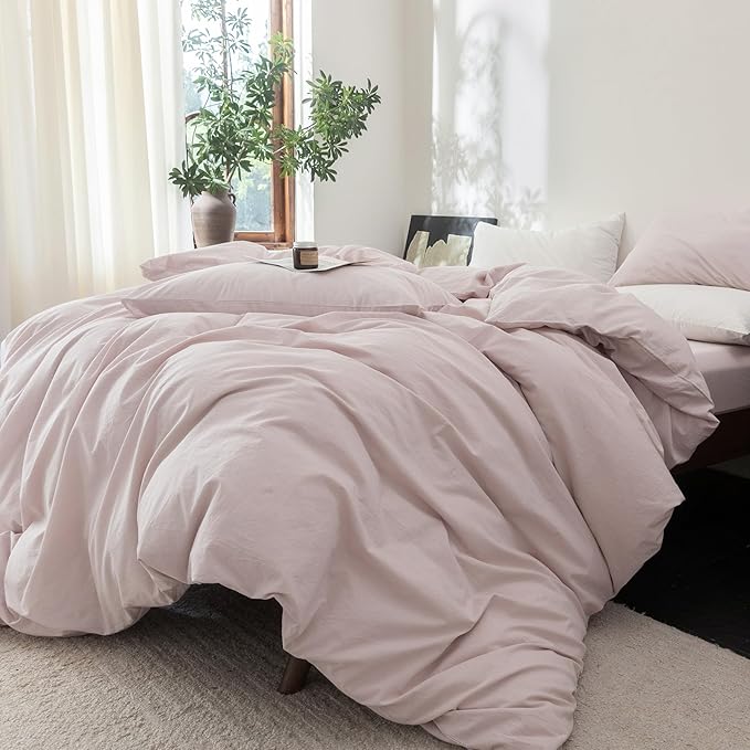 FOSSA Duvet Cover Set 100% Washed Cotton Linen Feel Super Soft Breathable Cozy 3 Pieces Bedding Sets Solid Greyish Pink Oversized King Plus