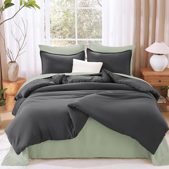 Litanika Comforter Set, Lightweight Solid Bedding Comforter Set, Fluffy Down Alternative Bed Set, Dark Grey, Oversized King