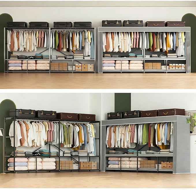 95.7" Wide Wardrobe Portable Closet with Cover, Heavy Duty Stainless Steel Clothes Rack with Hanging Rails and Shelves, Large Storage Cabinet for Bedroom