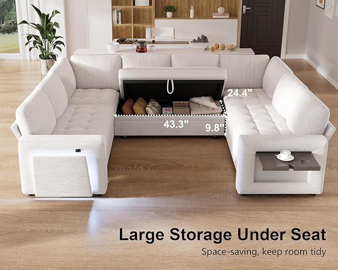 WEUP 8 Seat U Shaped Sectional Sleeper Sofa Bed with Pull Out Bed, Chenille Sectional Sleeper Couch with Adjustable Backrest, USB Ports, LED, Side Table, Tool-Free Assembly, Chenille Beige