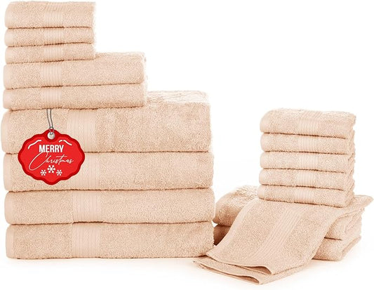 Ample Decor Bathroom Towel Set of 18-4 Hand Towel, 4 Bath Towel, 10 Wash Cloths - Oeko Tex Certified 600 GSM 100% Cotton - High Absorbency Quick Drying, Ideal for Gifting - Beige