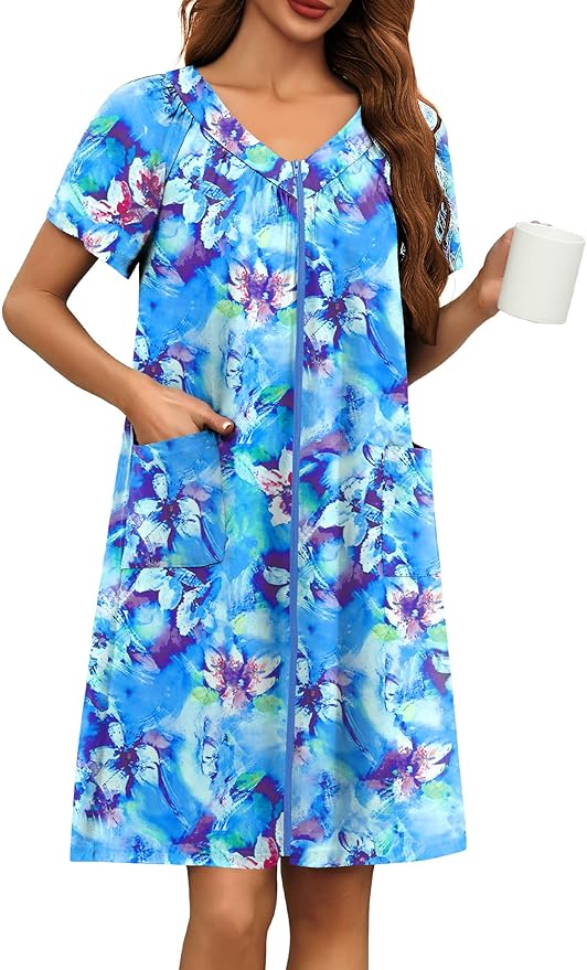 Ekouaer Women Robe Zipper Front Mumu Duster Robes Zip Up Housecoat Soft Sleepwear with Pockets