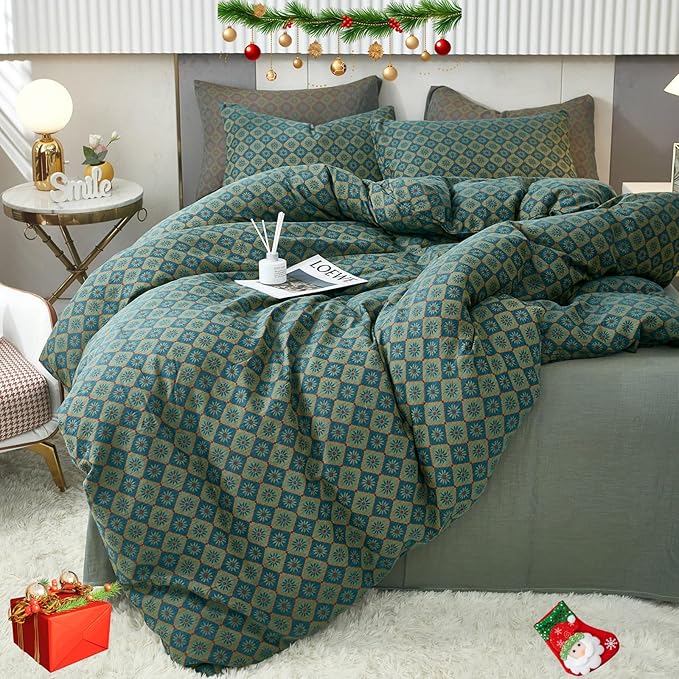 VM VOUGEMARKET Boho Duvet Cover King Geometric Pattern,3Pcs Yarn-Dyed Muslin Cotton Duvet Cover Set Blue Green Flower Bedding Set for Girls Women Without Comforter