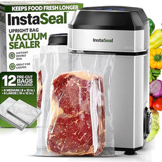 Vacuum Sealer for Food with 12 Bags, Preserves Foods 5x Longer, Space Saving Compact Upright Design Allows Machine to Seal Marinades, Soups, Meats for Sous Vide Cooking, Vegetables