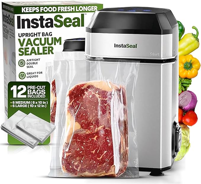 Vacuum Sealer for Food with 12 Bags, Preserves Foods 5x Longer, Space Saving Compact Upright Design Allows Machine to Seal Marinades, Soups, Meats for Sous Vide Cooking, Vegetables