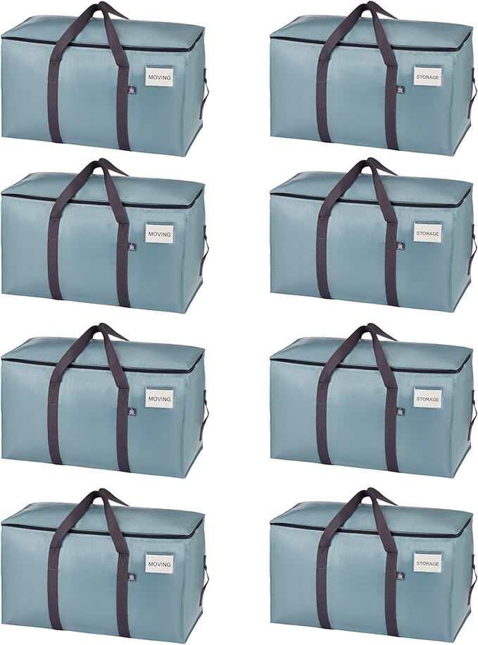 VENO 8 Pack Moving Bags, Upgraded Heavy Duty, Moving Boxes Alternative, Packing Storage Supplies for Dorm Room Essentials with Zipper for Clothes, Large Totes for Packaging (Light Blue, 8 Pack)